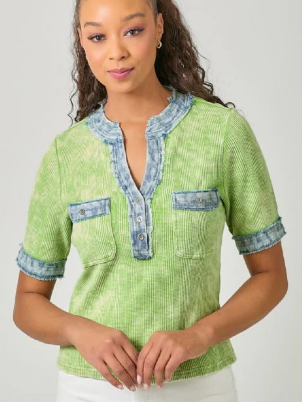 Mystree Waffle Knit Short Sleeve Blouse